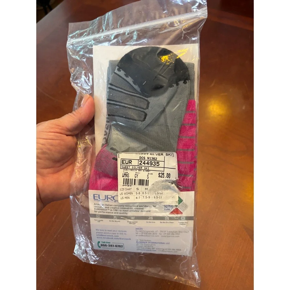 EURO Women's Sweet Silver Ski Socks Gray Pink Size Small New NWT Winter Athletic